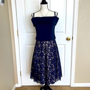 Eliza J 2 Piece Navy Blue Shirt & Navy Blue & Tan Lace Skirt. Size 6.